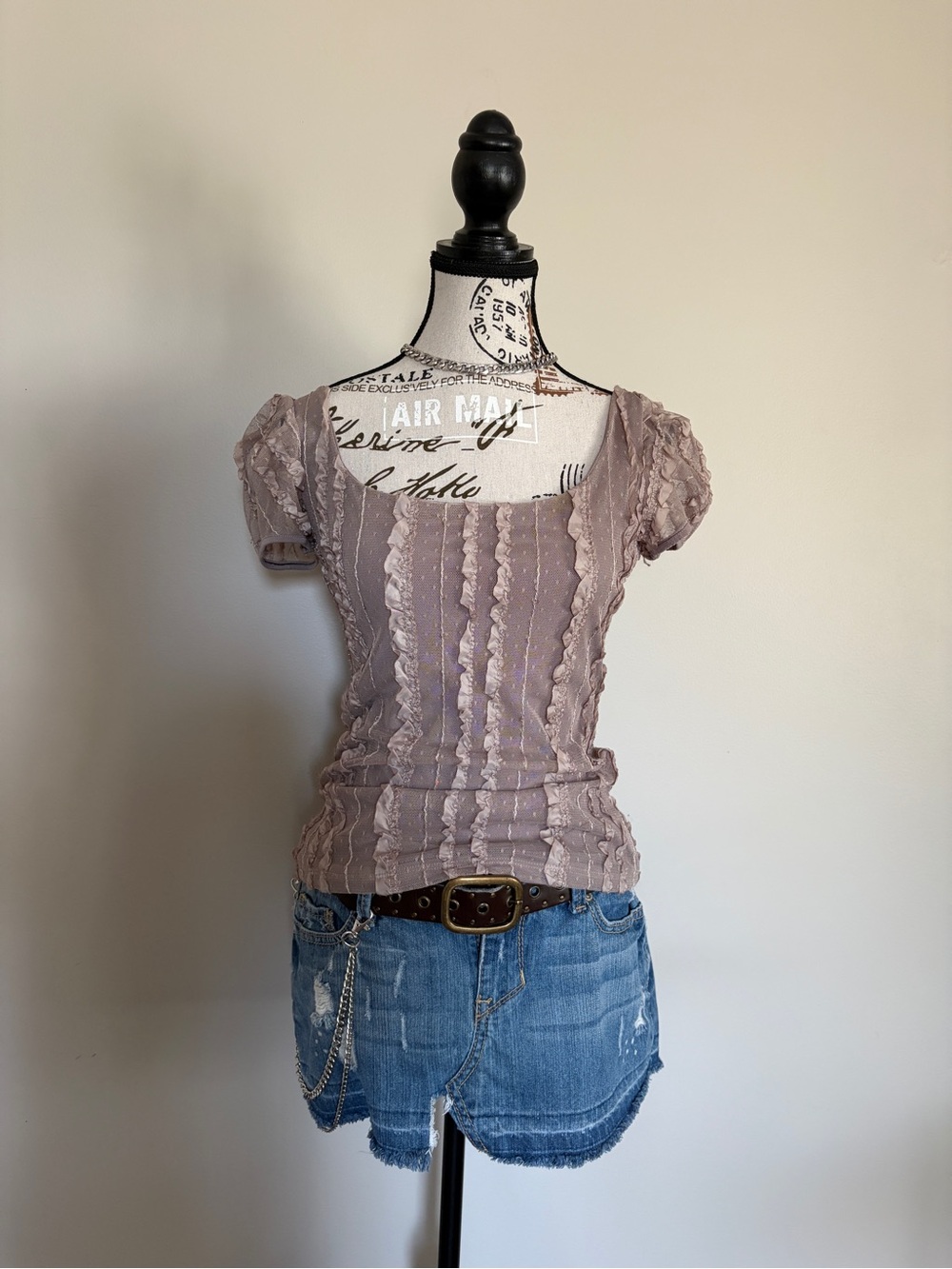 Y2K Light Brown Fairycore Puff Sleeve Swiss Dot Ruffle Lace Top - Picture 4 of 11